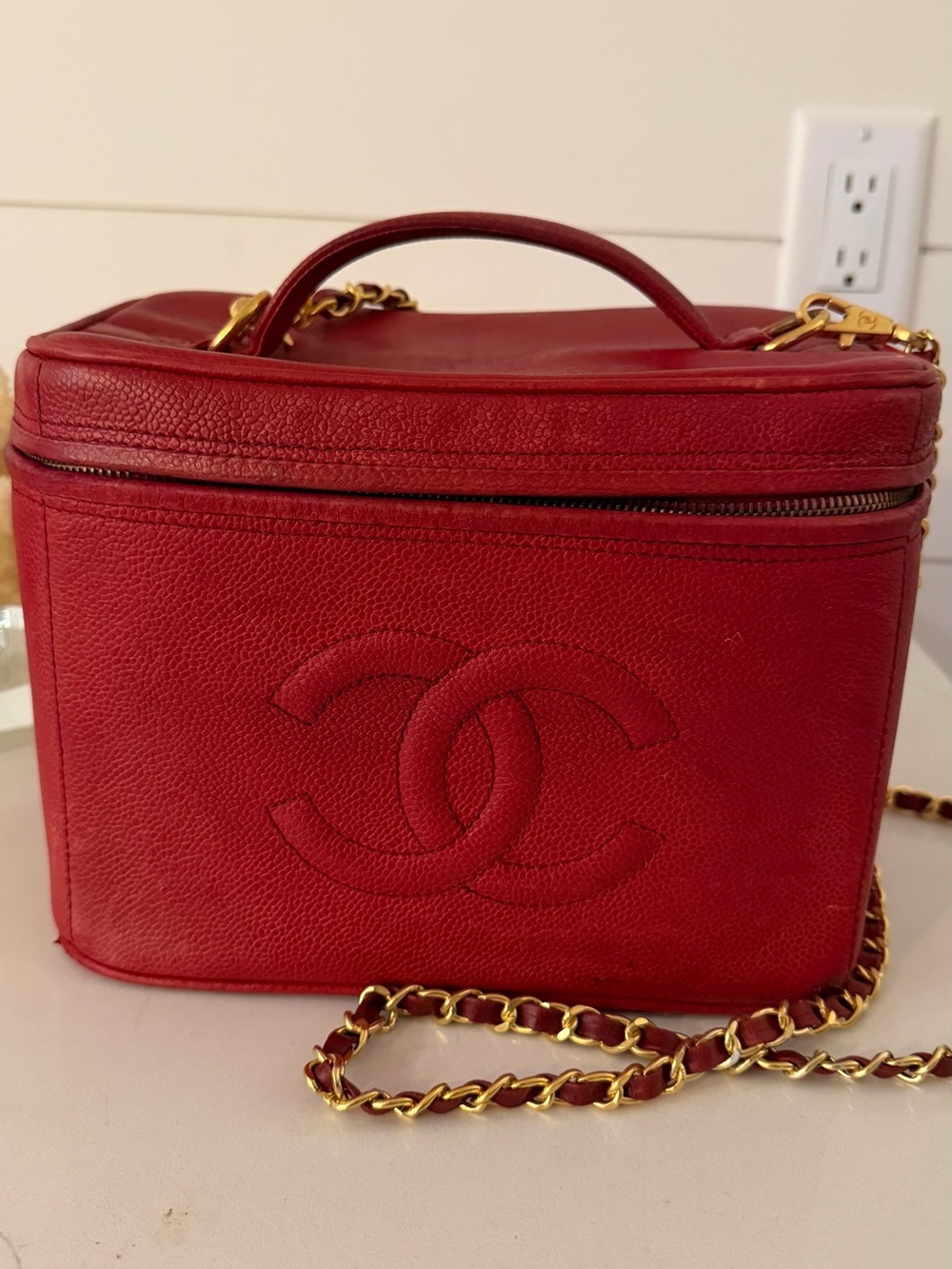 CHANEL Red Leather Vanity Case with Crossbody Strap